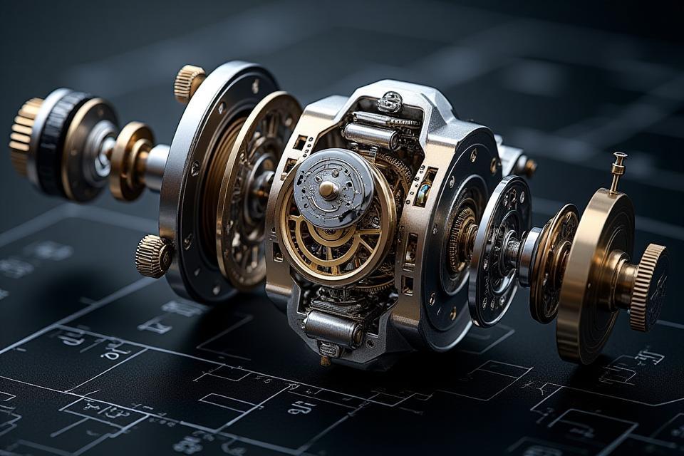 Exploded view of watch movement showcasing parts